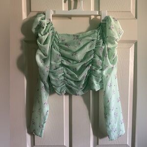 Mint Floral Puff Sleeve Crop Top